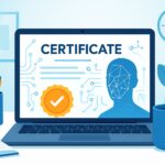 Digital certification maker showing AI-protected certificate with authenticity seal on screen.