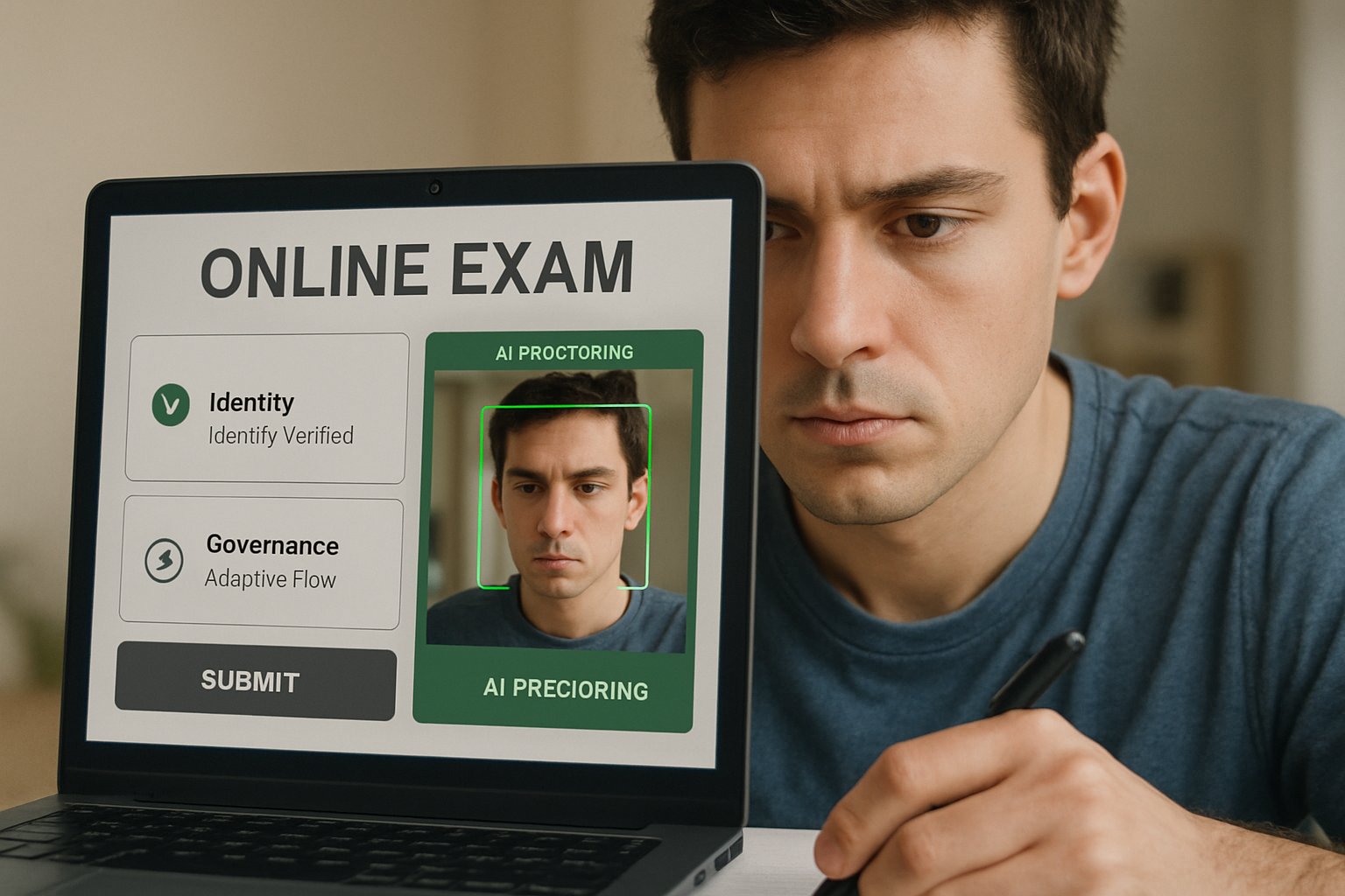 Online exam proctored by AI for certification maker with identity verification interface.