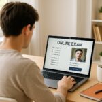 Student taking proctored test demonstrating remote exam software integrity at home.