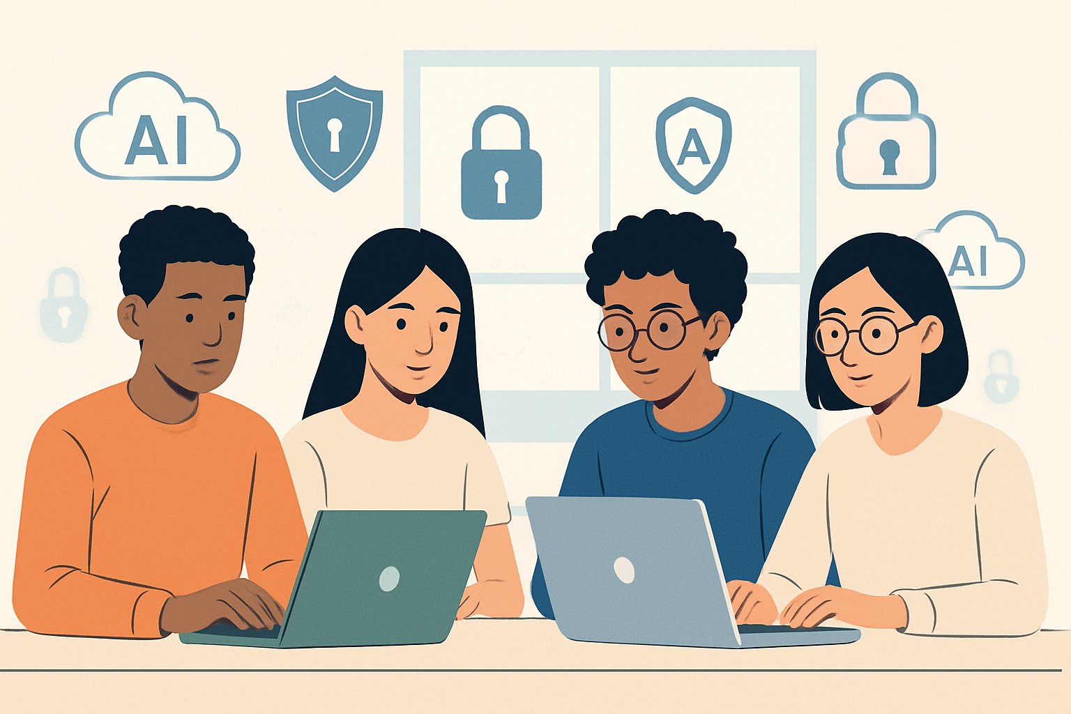 Diverse students participating in secure online assessments with visible privacy and AI balance.