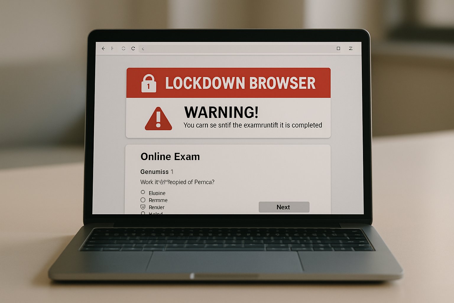 Close-up of browser lockdown software securing online exams on laptop.