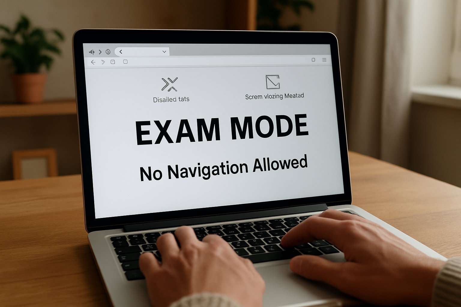 Laptop browser lockdown prevents cheating during online exam with disabled navigation features.
