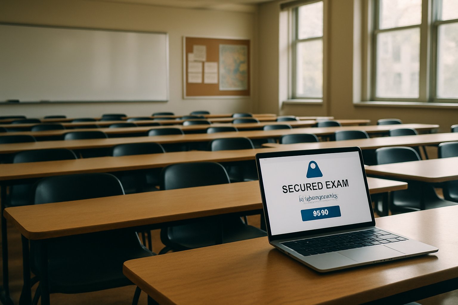 Empty classroom scene highlighting browser lockdown for university online exams