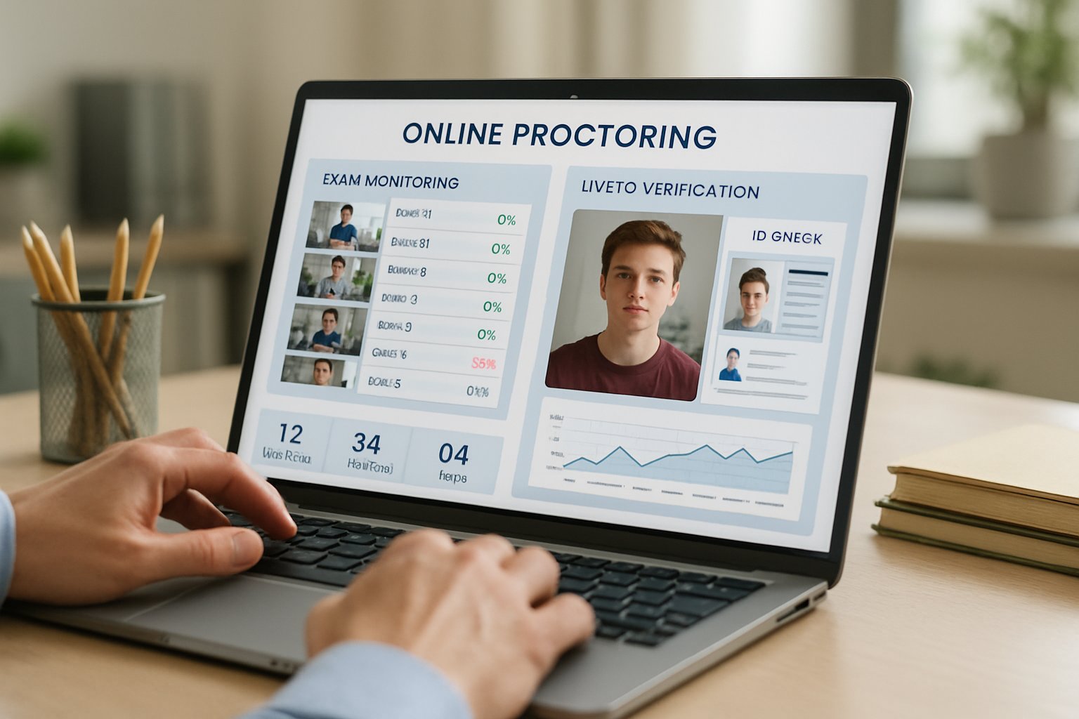 Online proctoring software dashboard with live ID verification and monitoring features.