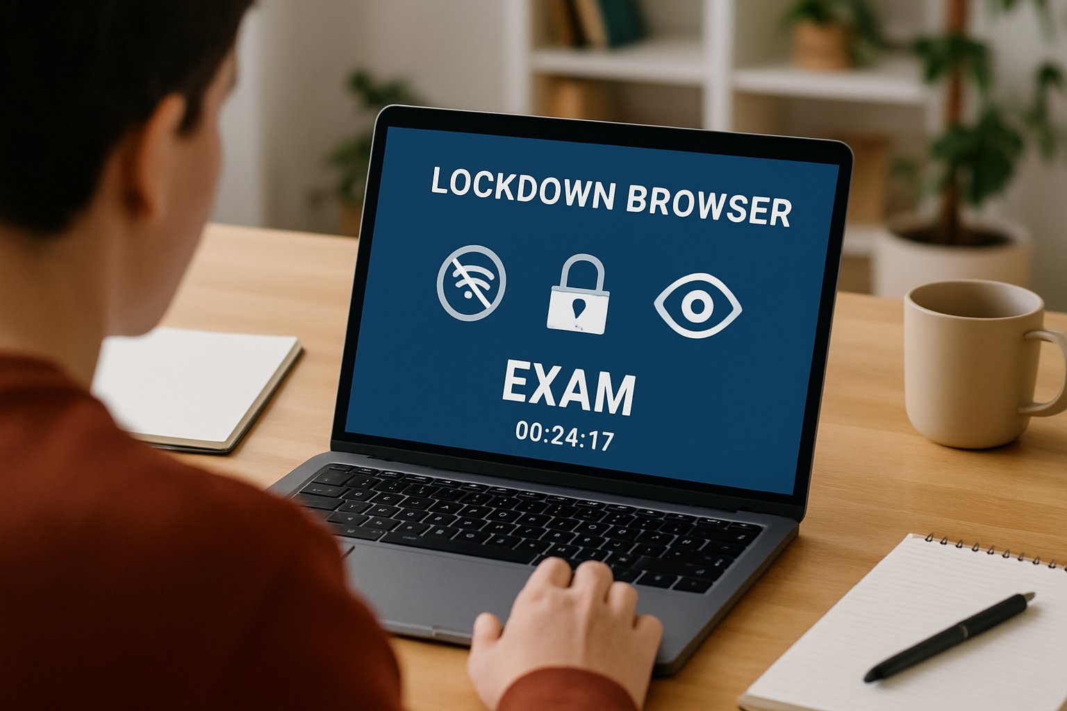 Remote student using browser lockdown software for online exam security at home.