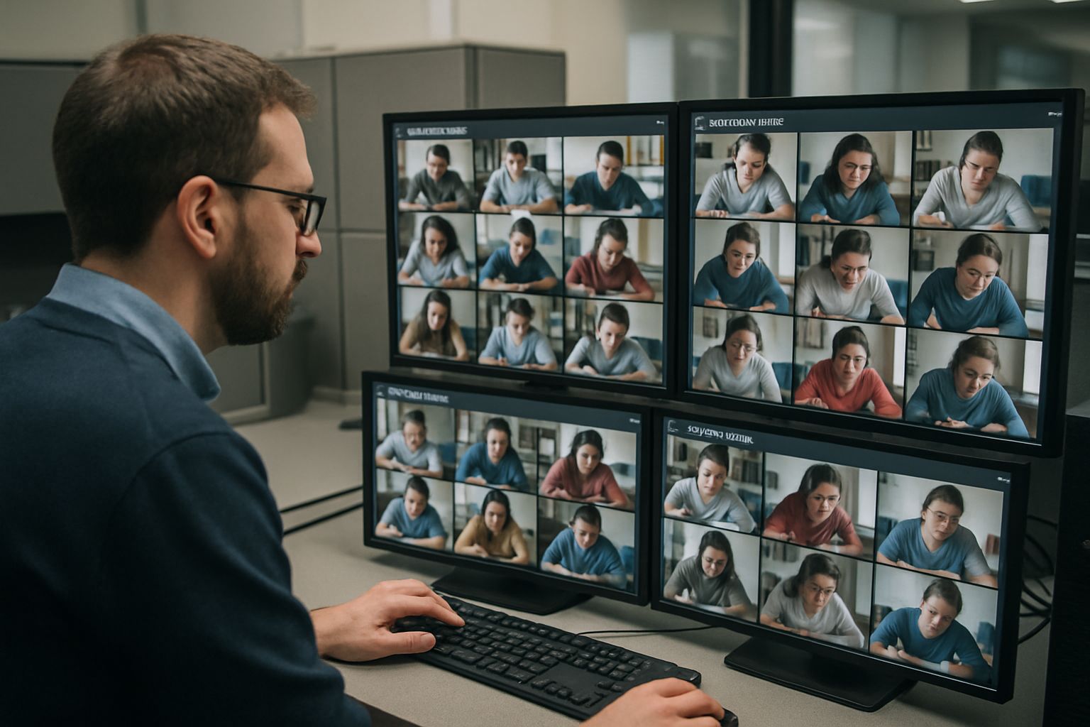 Proctor monitoring live exams through remote proctoring software dashboard.