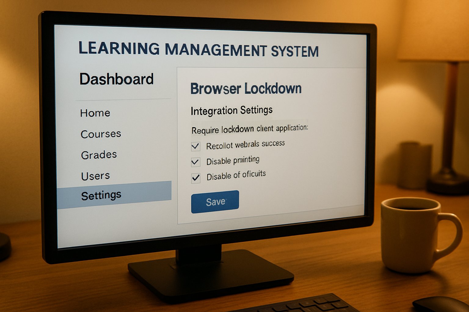 LMS dashboard showing browser lockdown LMS integration settings on administrator’s workstation.