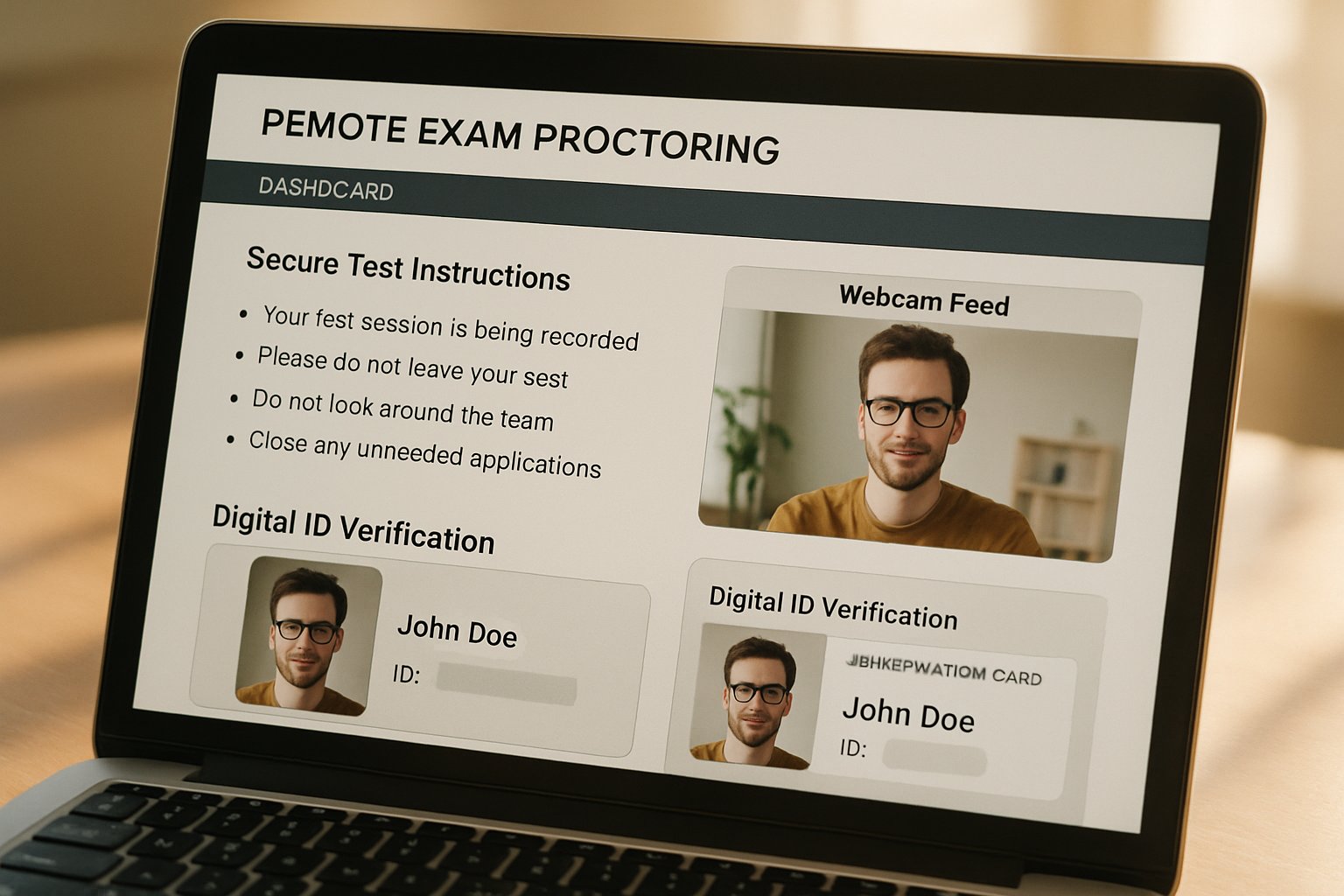Remote exam proctoring dashboard interface with verification and security features.