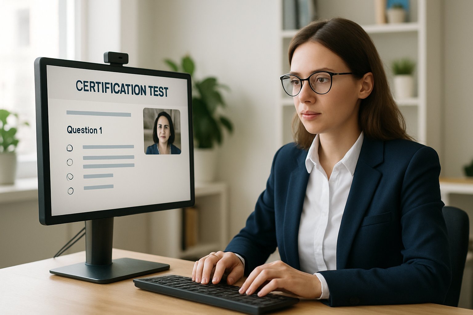 Professional in office setting using remote proctoring software for certification exam