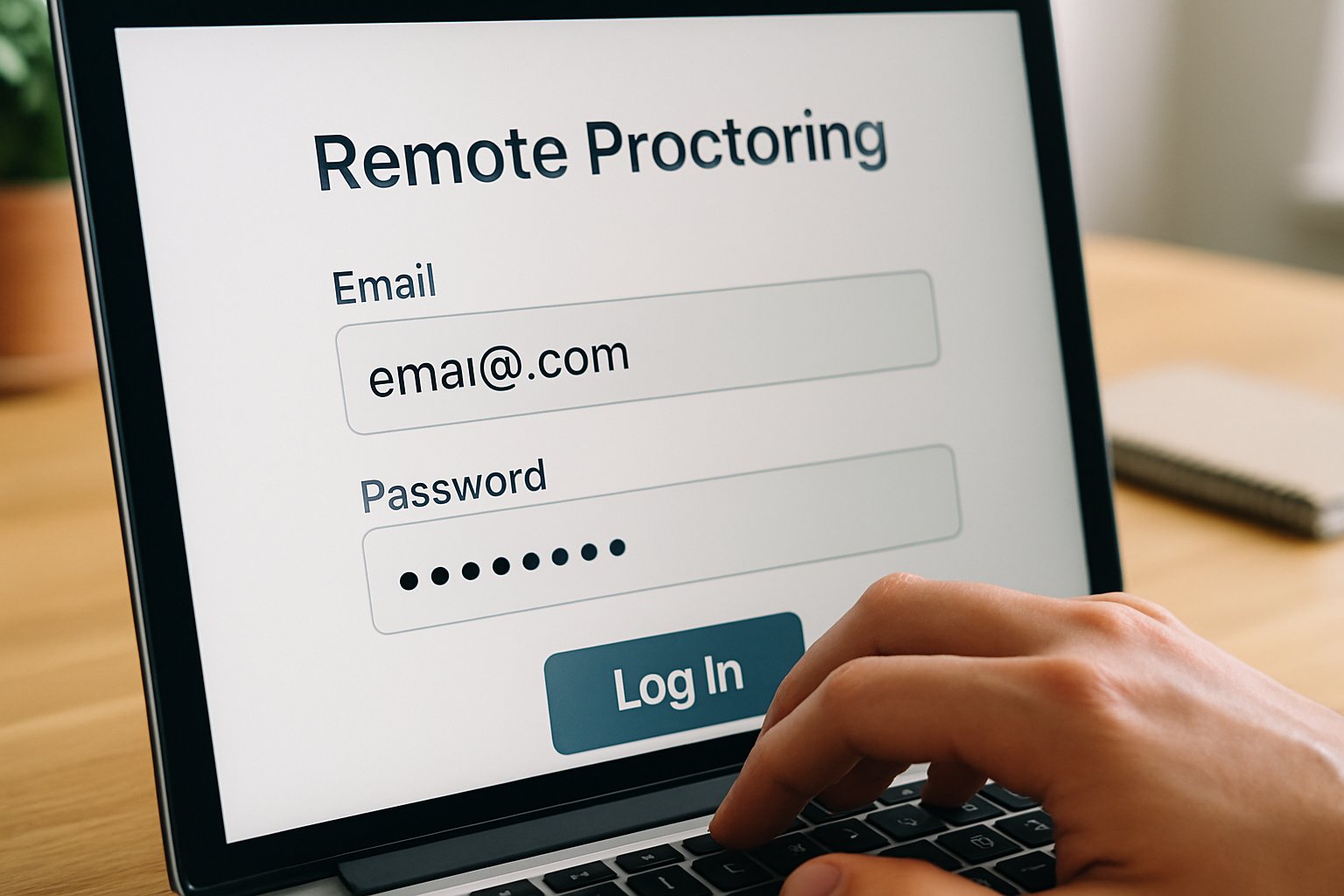 Login screen for remote proctoring software with human hand entering credentials.