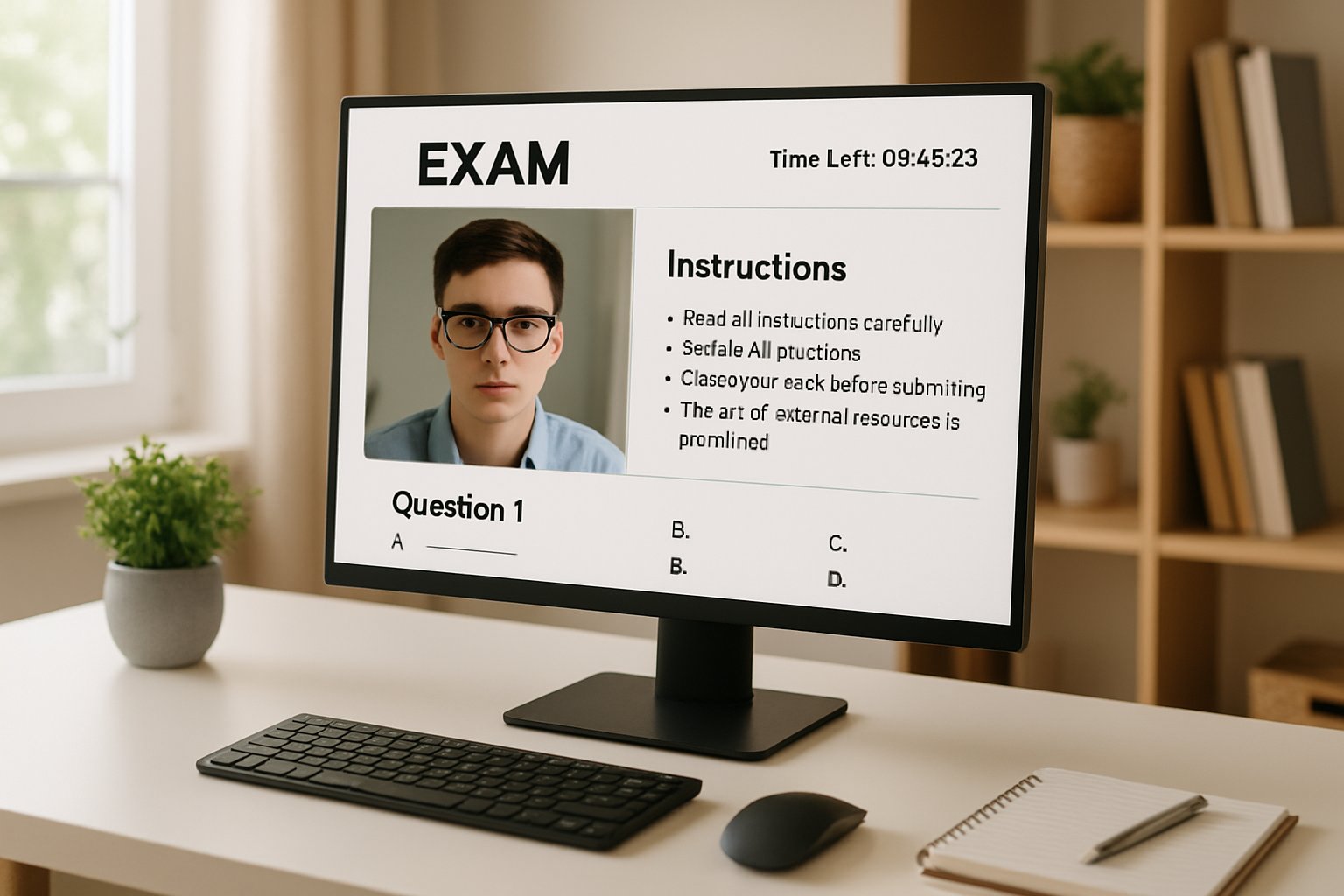 Student using remote proctoring software during online exam at home