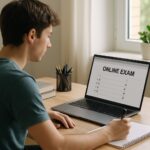 Student uses browser lockdown prevents cheating during online remote exam.