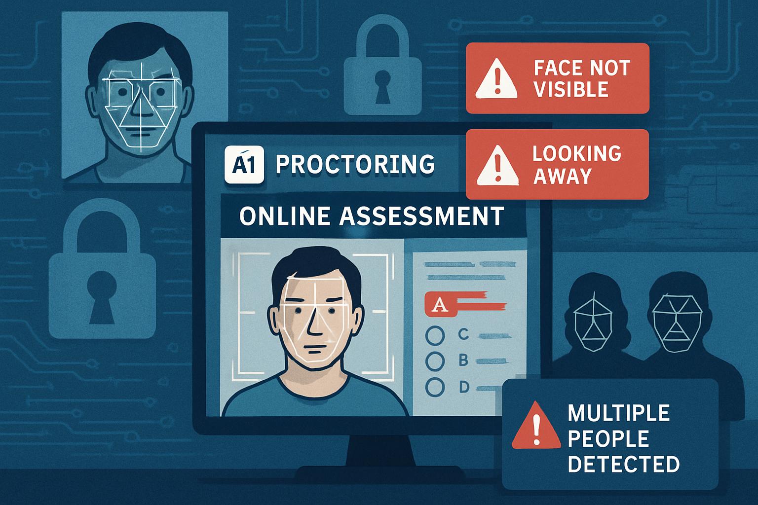AI proctoring software during online assessments with privacy and security alerts.