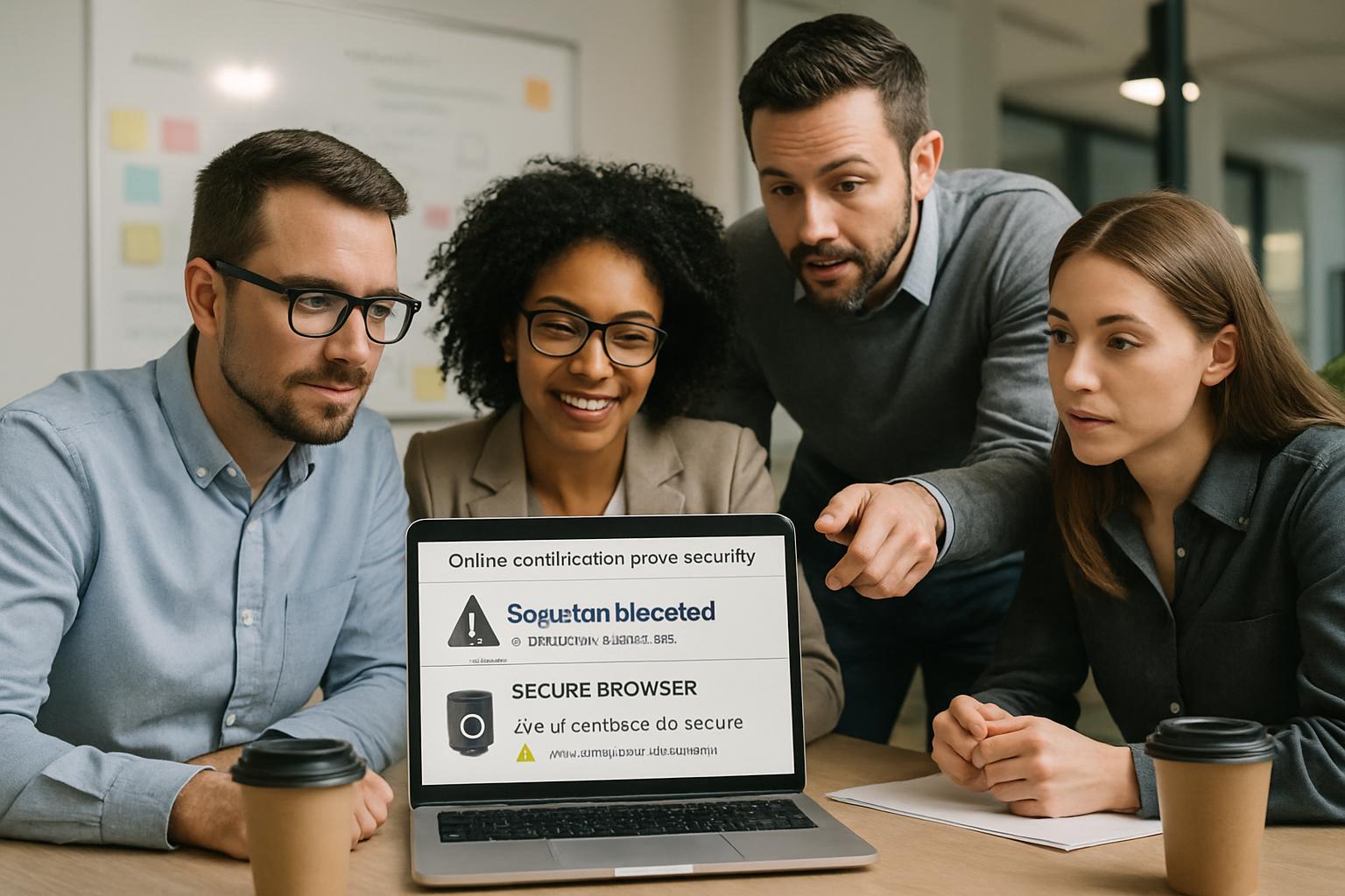 Team discusses browser lockdown for certification exams on laptop in office.