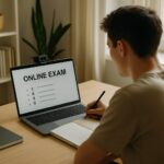 Student using remote exam proctoring at home for online assessment.
