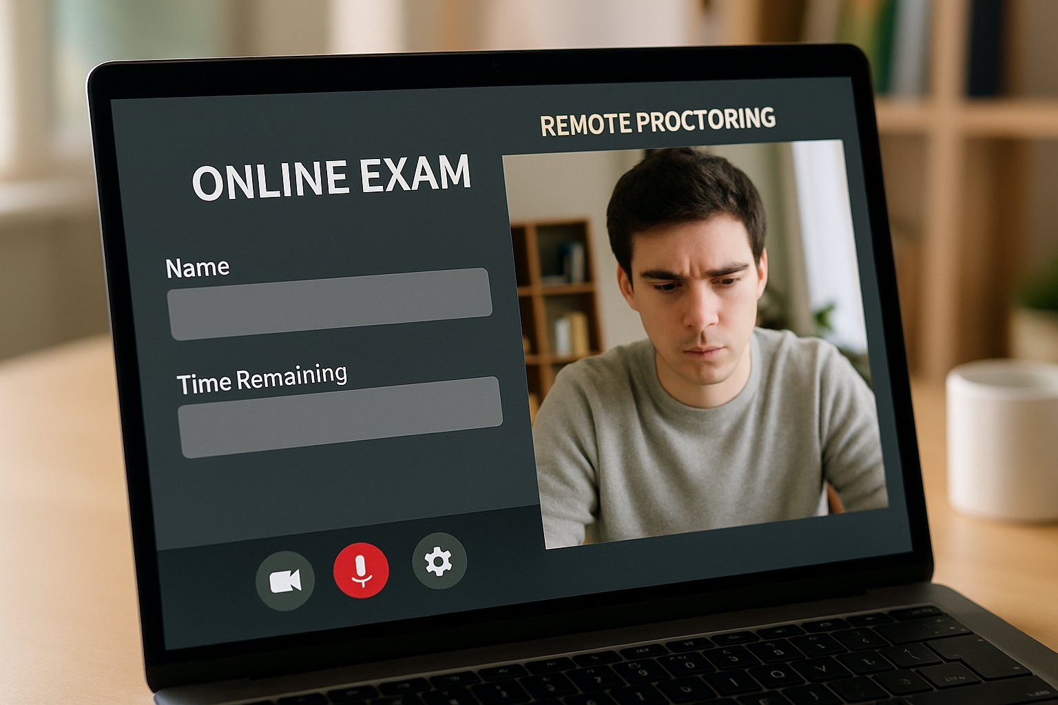 Student using remote proctoring software for an online exam at home