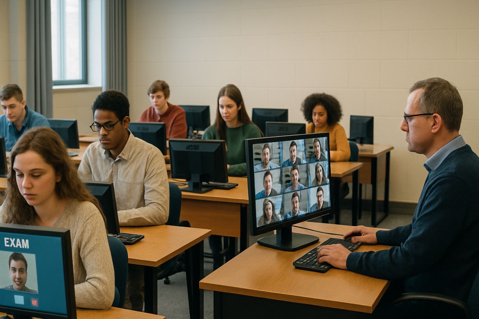 Students in a university lab using remote proctoring software for online exams.
