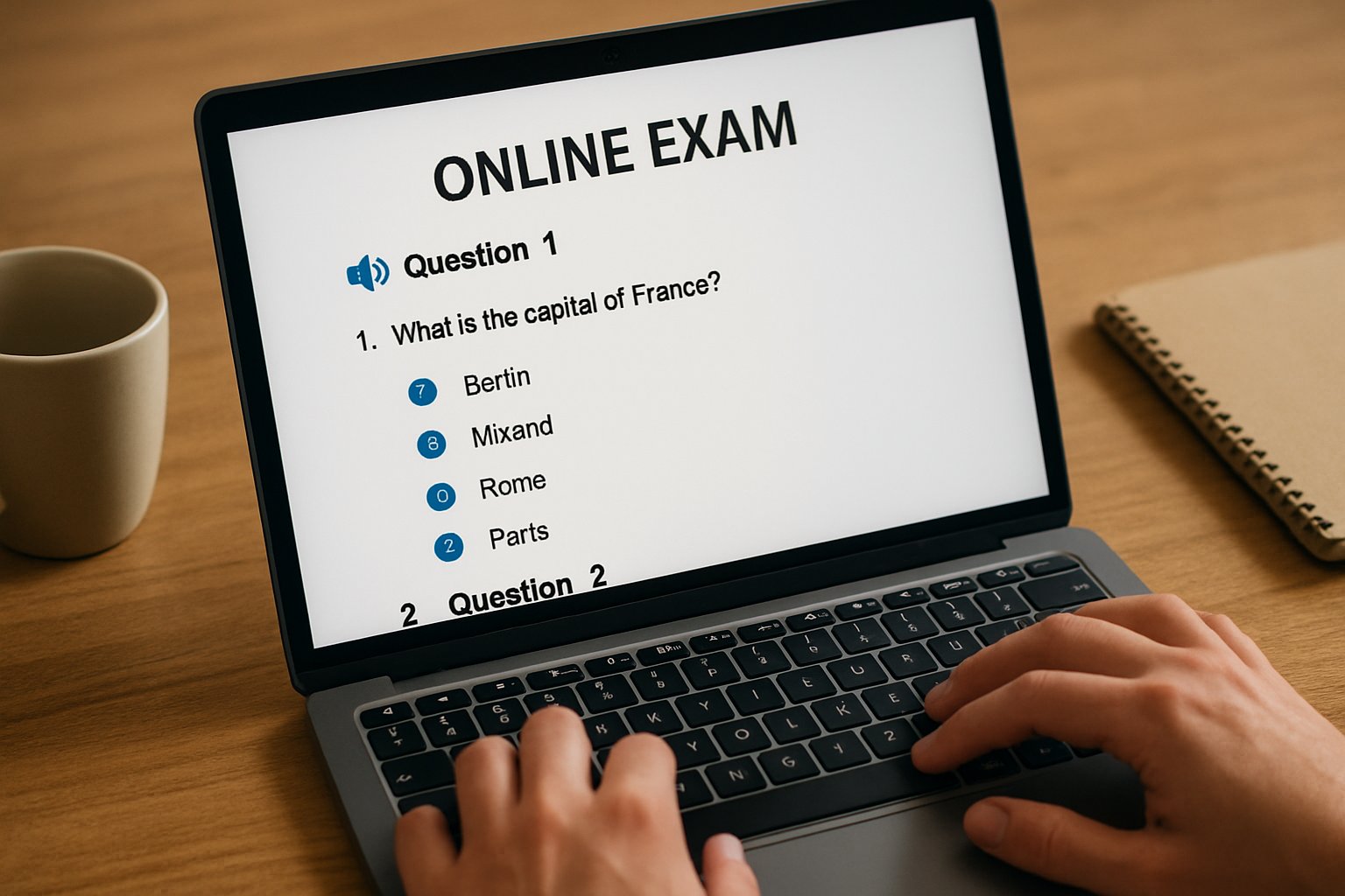 Accessible interface on software for online exam shown on student laptop.