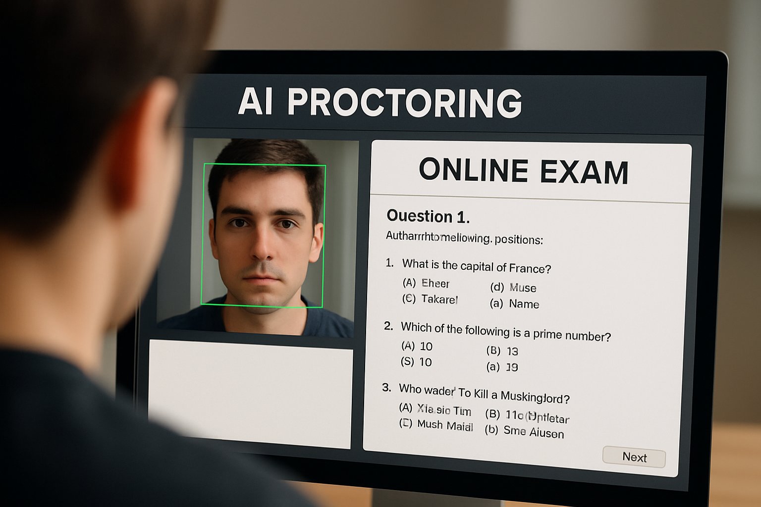 Closeup of a computer screen using ai proctor exam monitoring software with facial recognition.