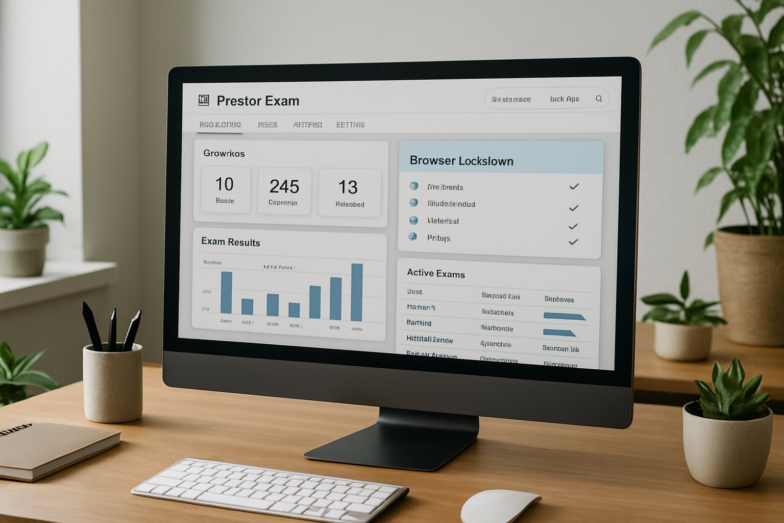 Monitor screen displaying proctor exam software dashboard with browser lockdown controls.