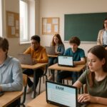 Students in classroom using laptops for online exam proctoring session.