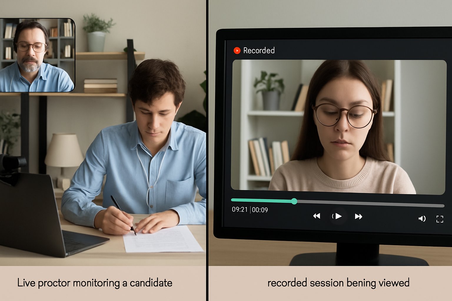 Split screen comparison of online test proctoring methods live and record-and-review.