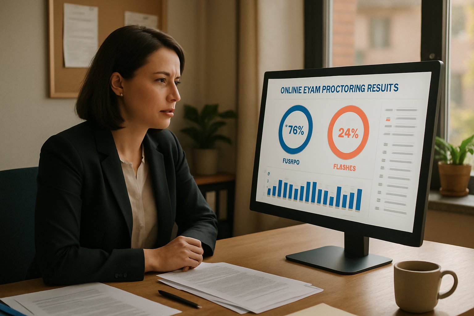 HR manager reviews online exam proctoring data in office environment