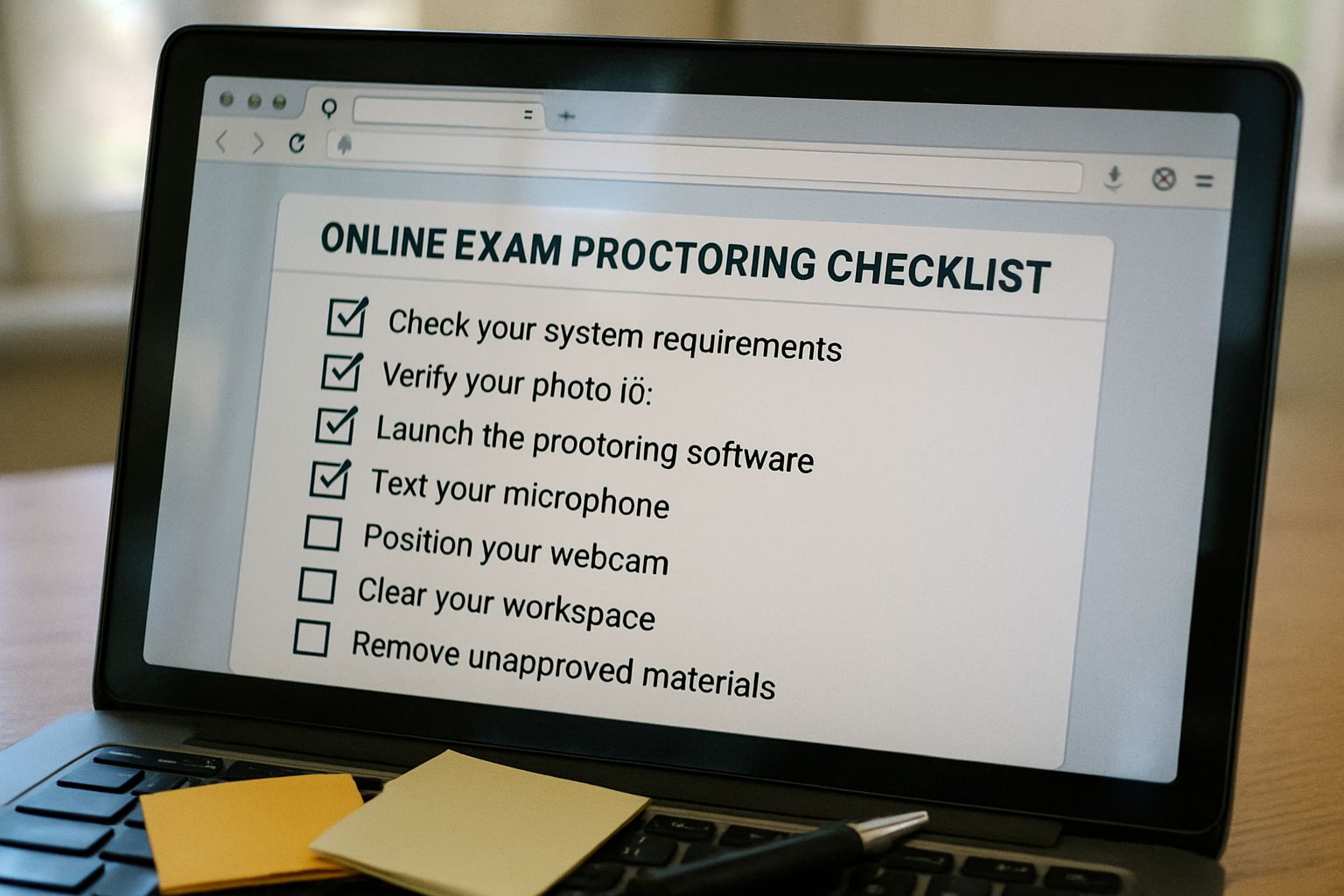 Online test monitoring checklist on computer screen with study materials