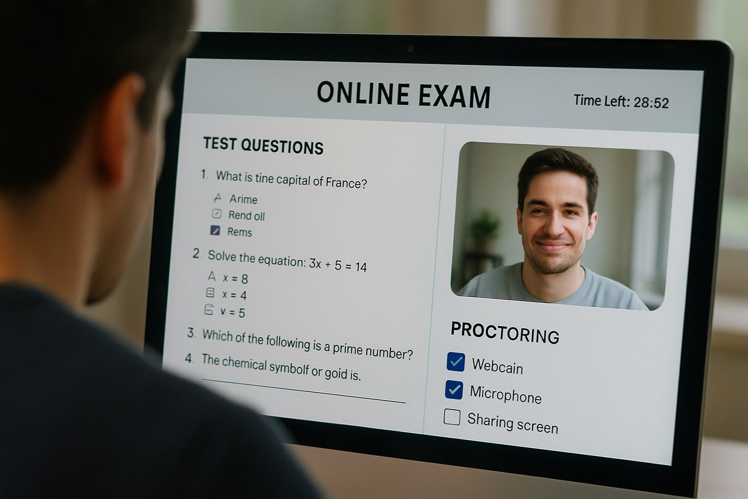 Proctoring software for online exam interface on laptop monitor.