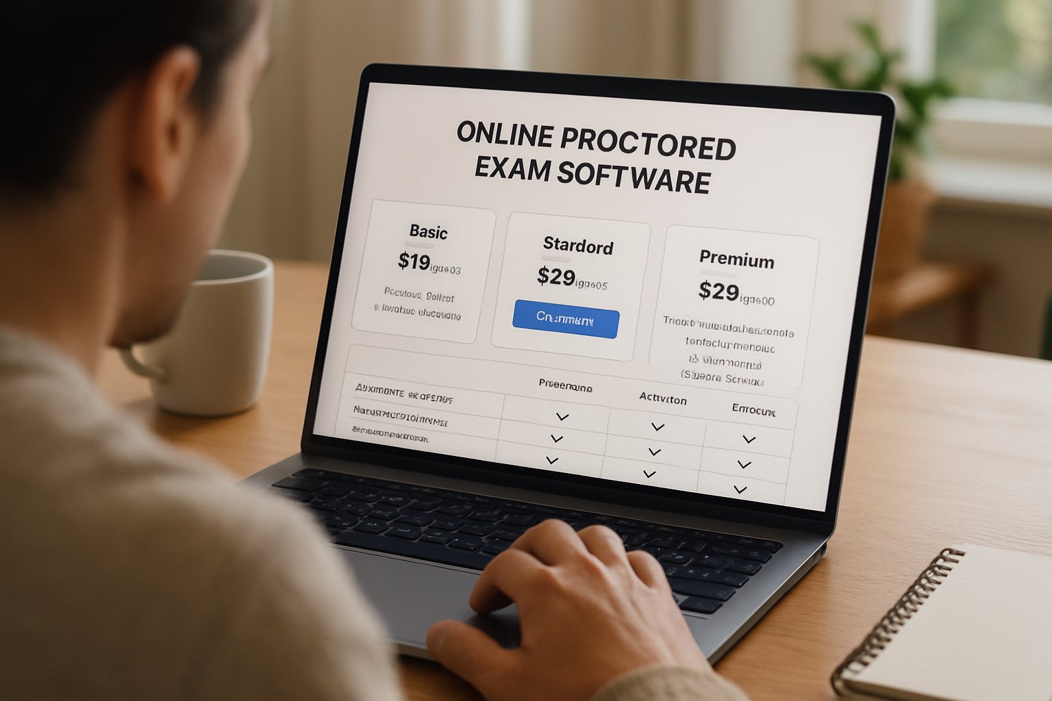 Laptop displaying online proctored exam software pricing tiers and features