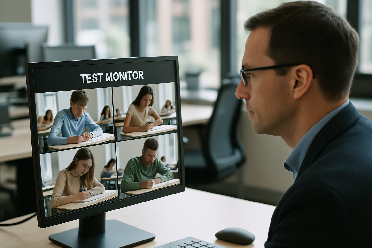 Professional reviewing online test monitoring video feeds for language exams.
