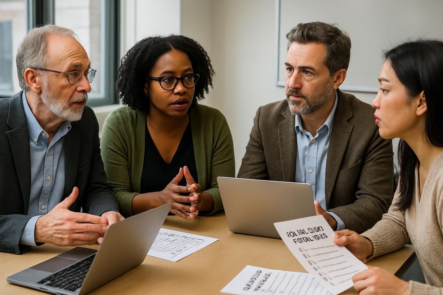 Faculty group discussing ai proctor exam best practices with printed checklists.