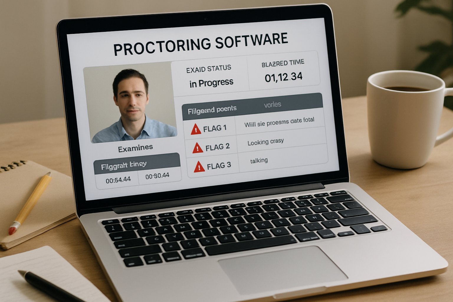 Proctoring software for online exam with flag indicators on laptop screen