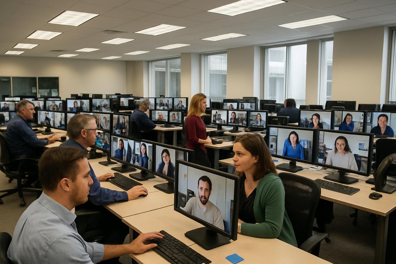 Test center staff monitoring online exam proctoring screens for international candidates.