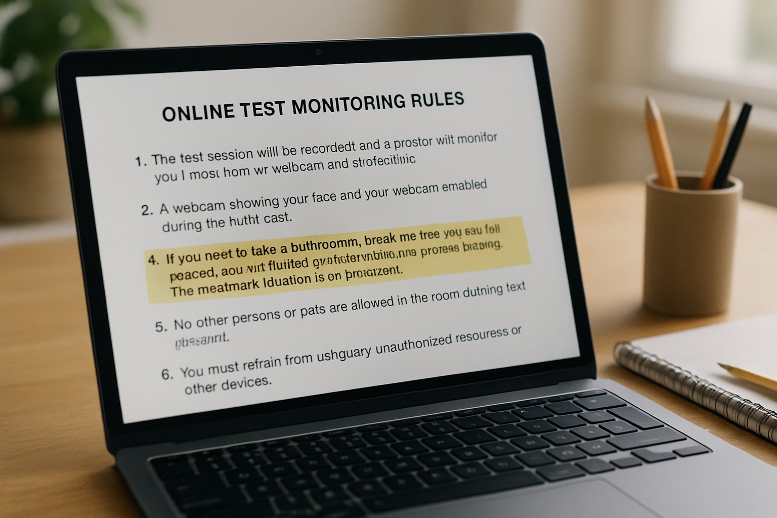 Laptop showing online test monitoring rules with bathroom break policy highlighted.