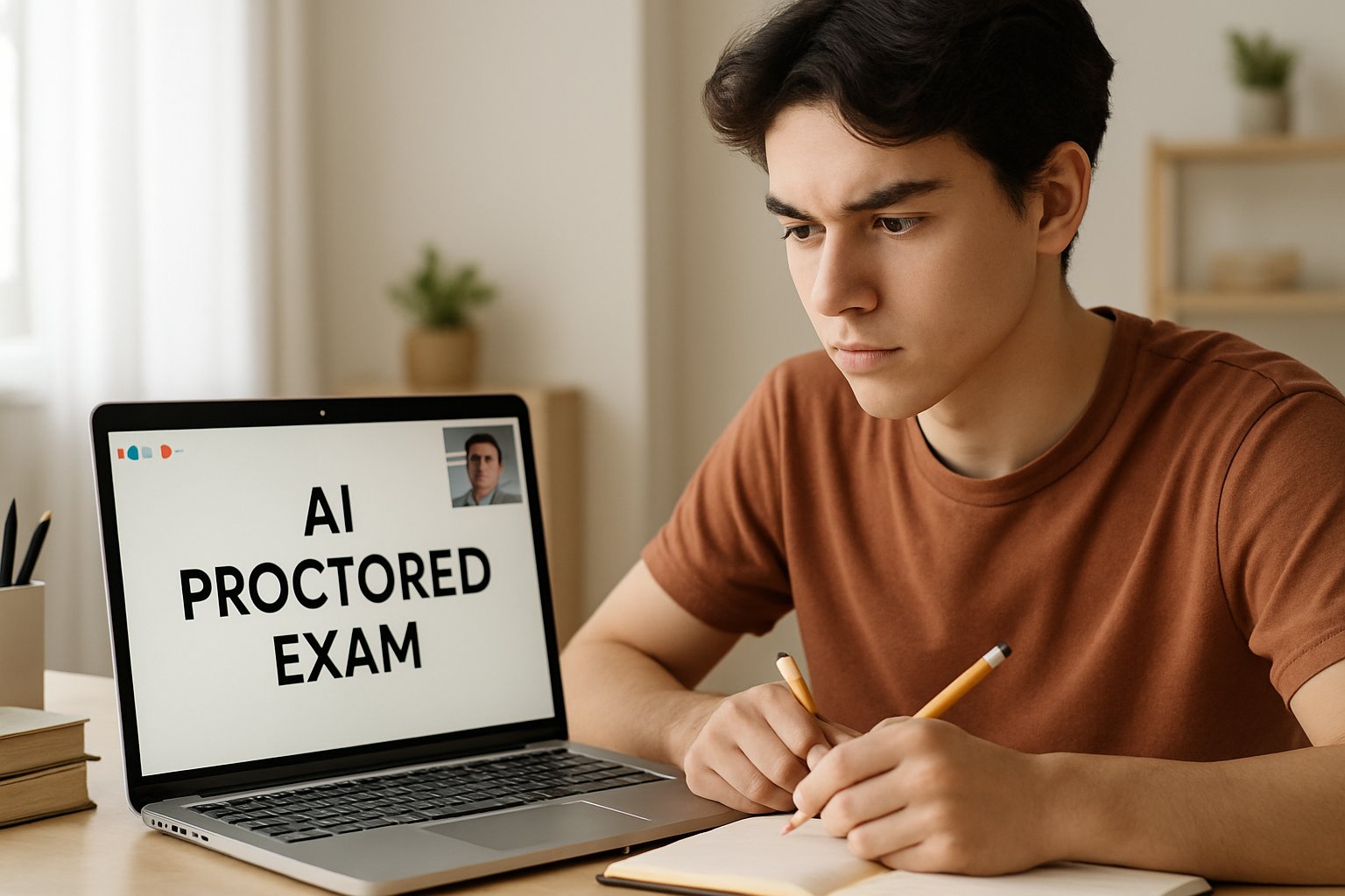 Student at home attempting online ai proctor exam on laptop.