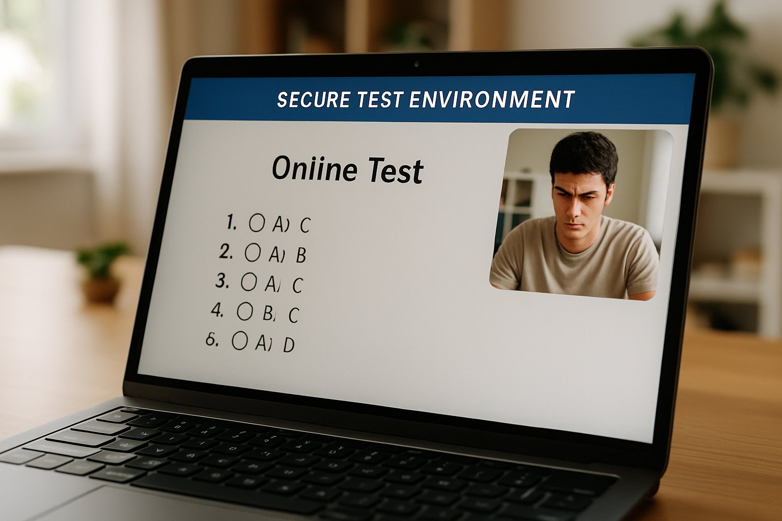 Student at home using proctoring software for online exam on a laptop.