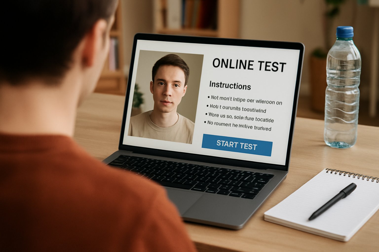 Home exam setup with online test proctoring interface visible on laptop.