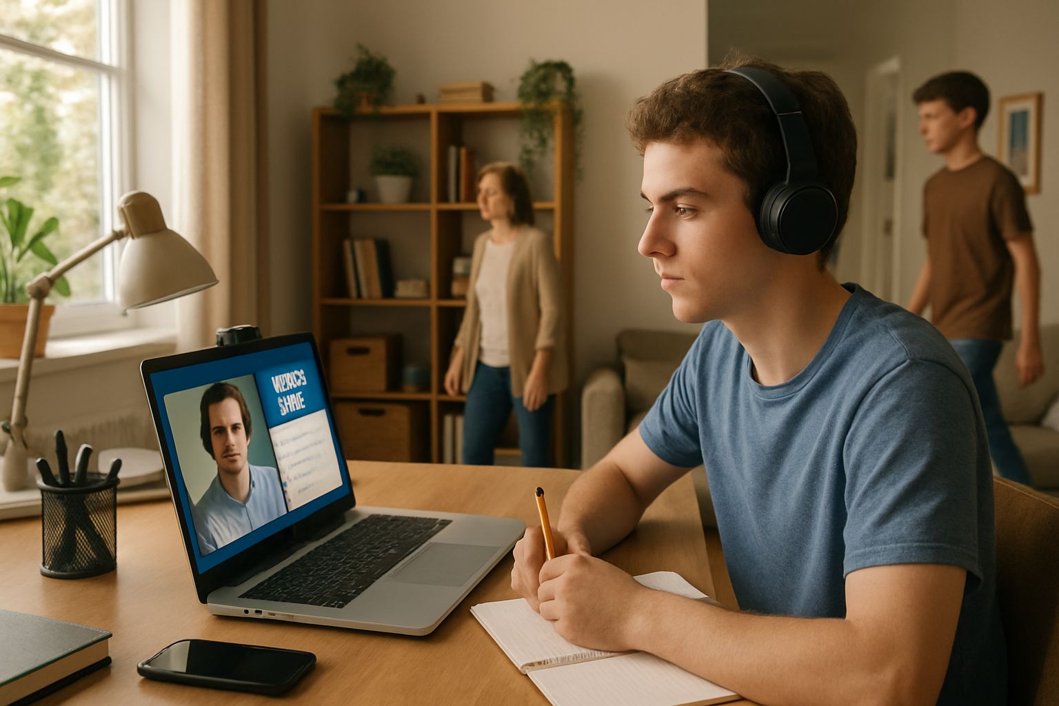 Student taking online test at home with online test monitoring webcam enabled.