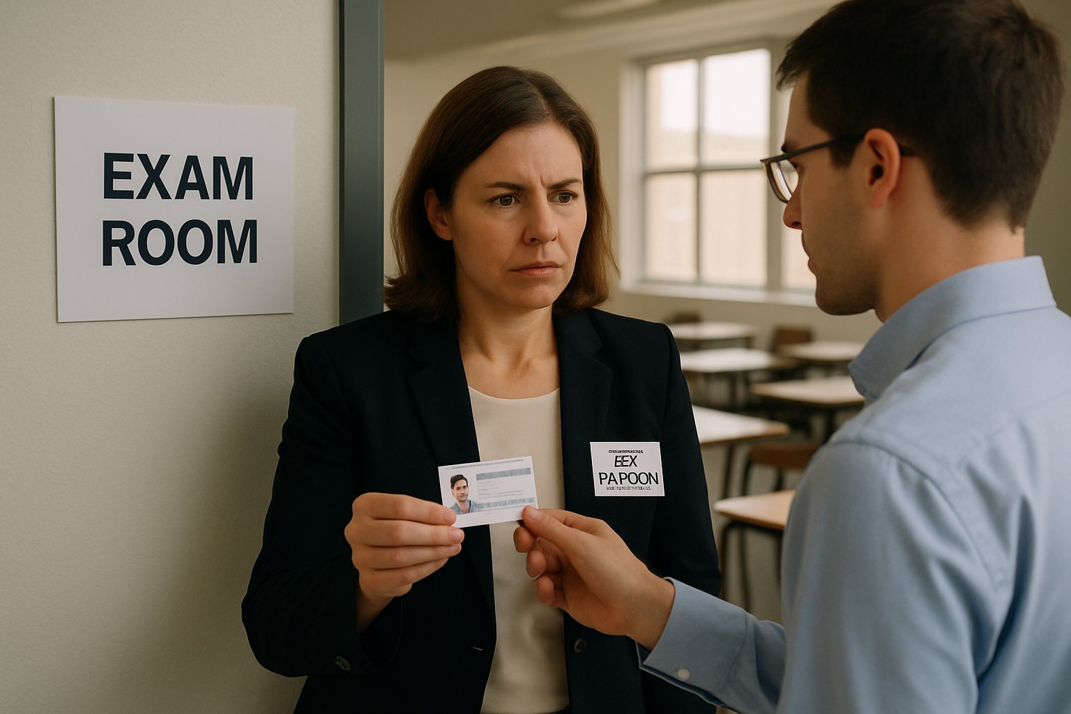 Proctor for test verifying identification before exam entry.