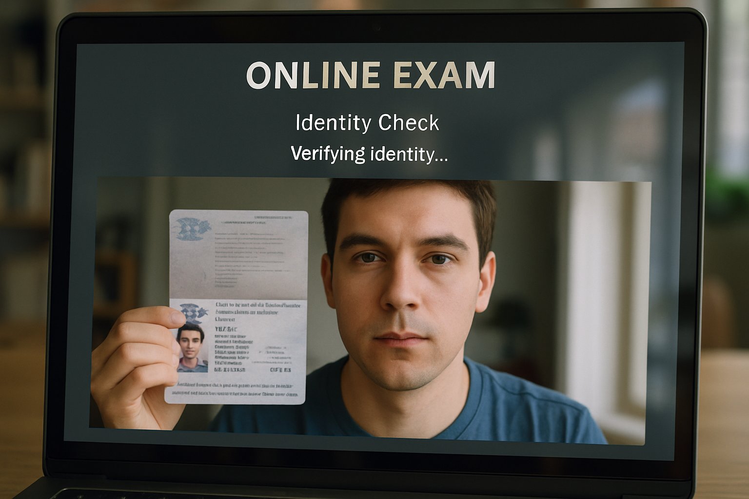 Online exam proctoring identity check process onscreen with visible human face.