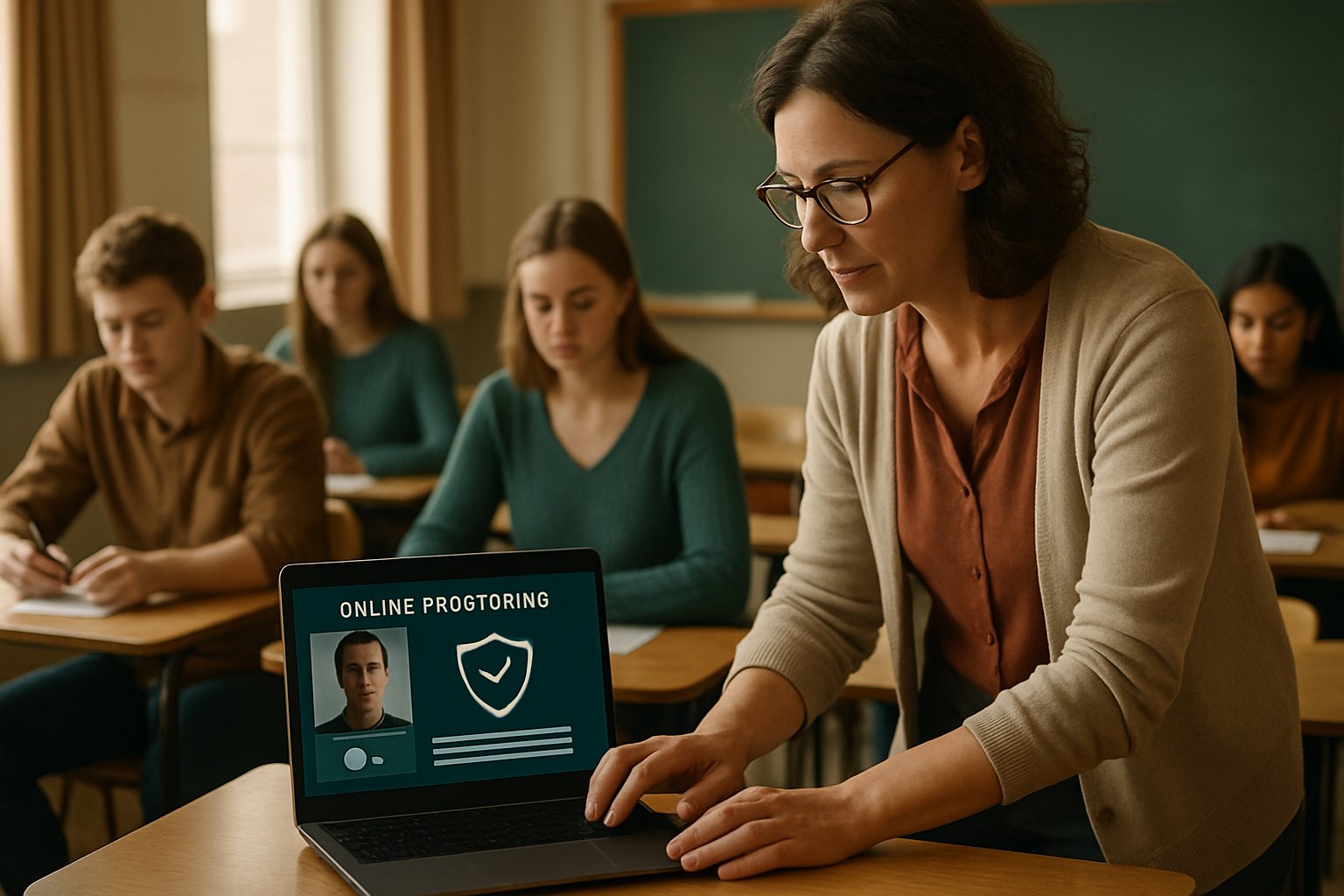 Classroom setup with online test monitoring for group certification exam.