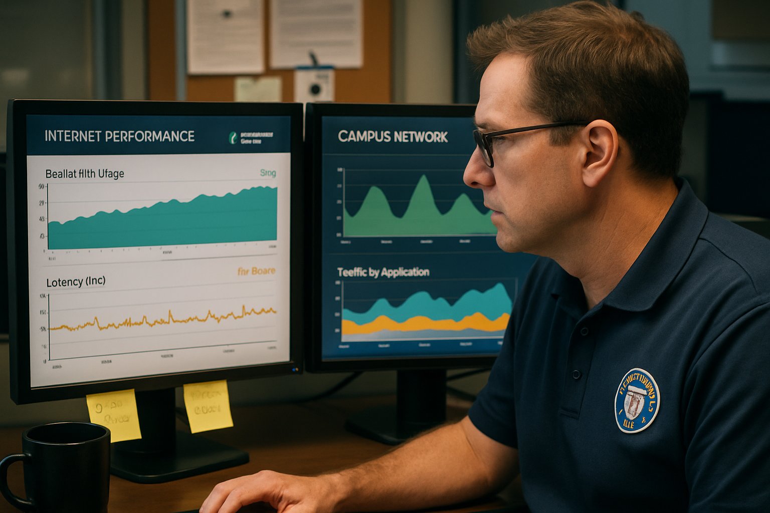 IT staff monitoring network for ai proctor exam stability and performance.