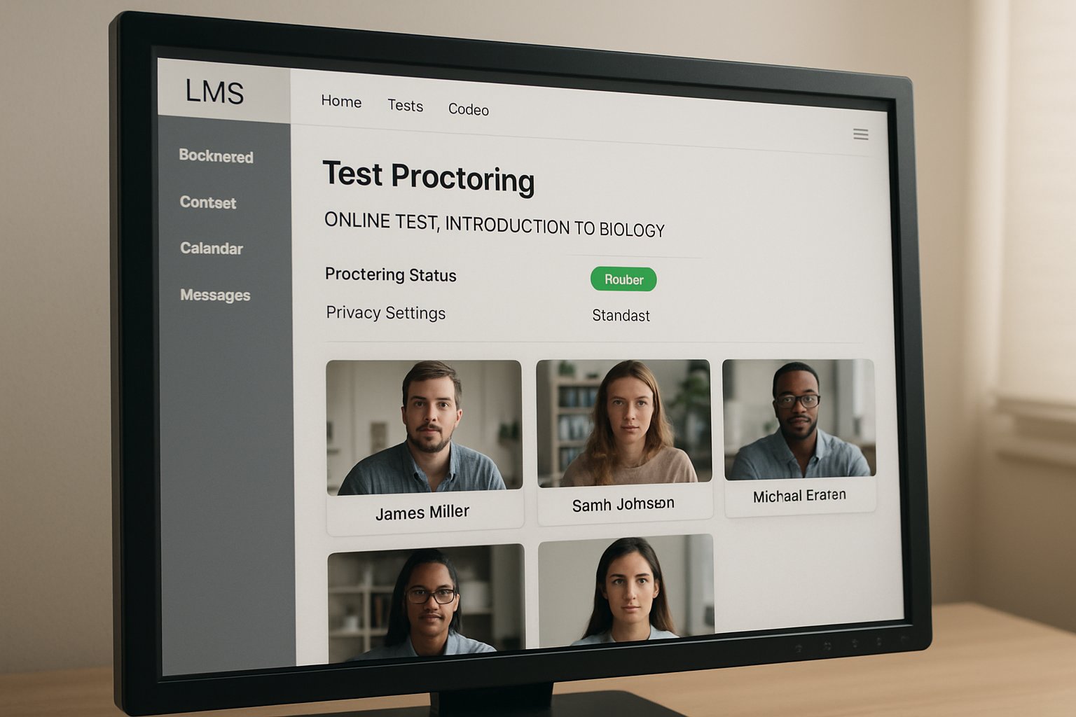 LMS with online test monitoring integration displaying real-time proctoring tools and privacy controls.