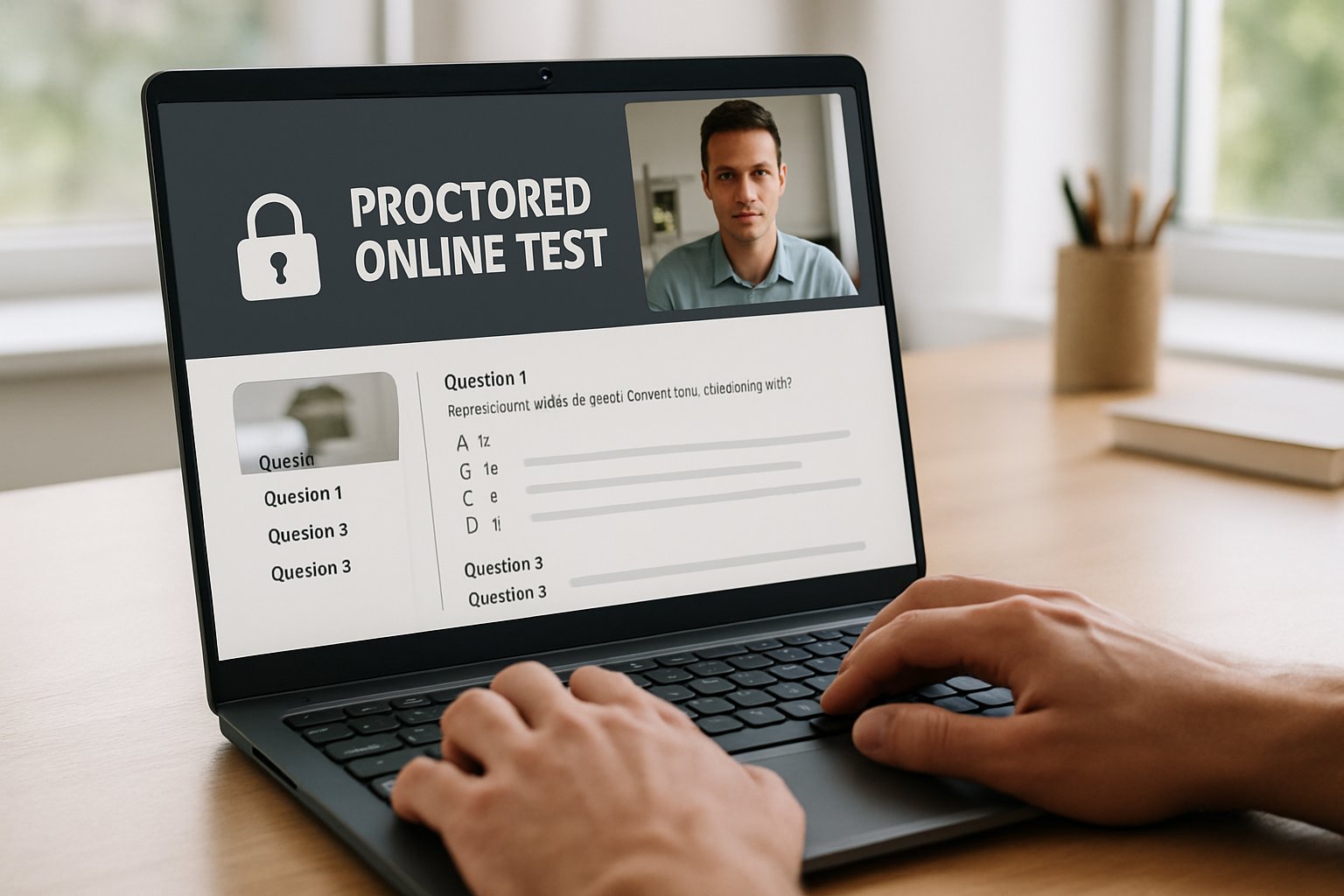 Lockdown browser screen securing a proctored online test with visible monitoring features