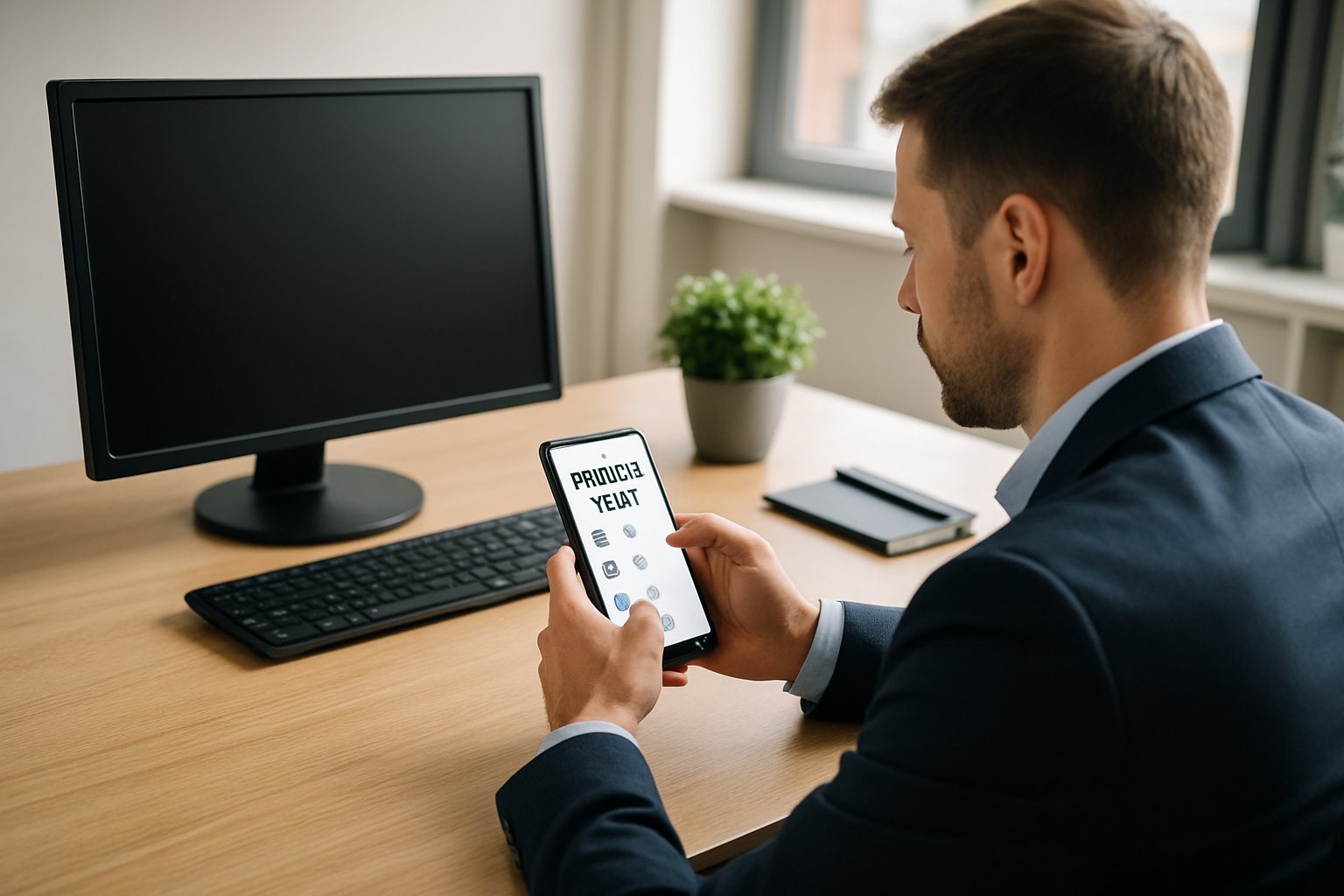 Employee undergoing remote test proctoring via mobile device in an office.
