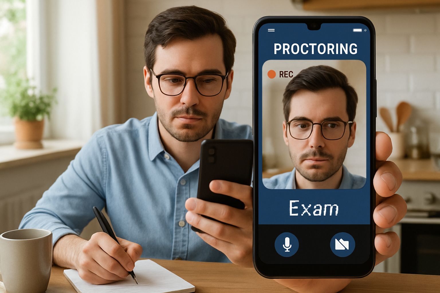 Candidate using mobile phone for remote proctored exam in kitchen