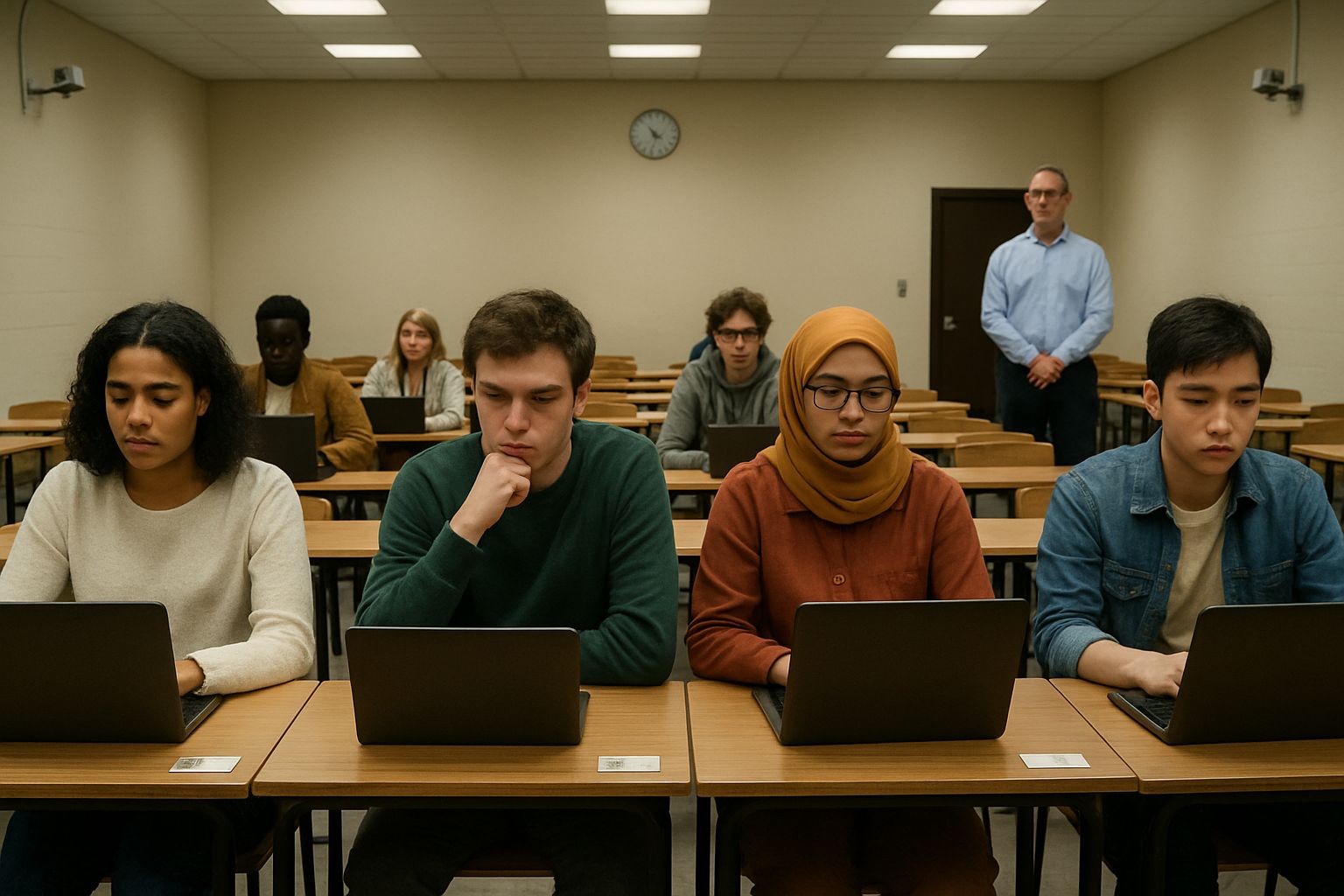 Students taking live proctoring exam in authentic exam hall setting