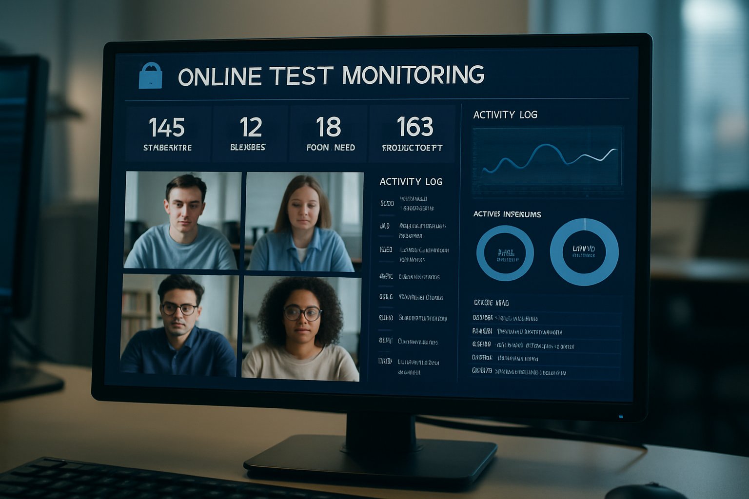 Dashboard analytics for online test monitoring showing live student video feeds.