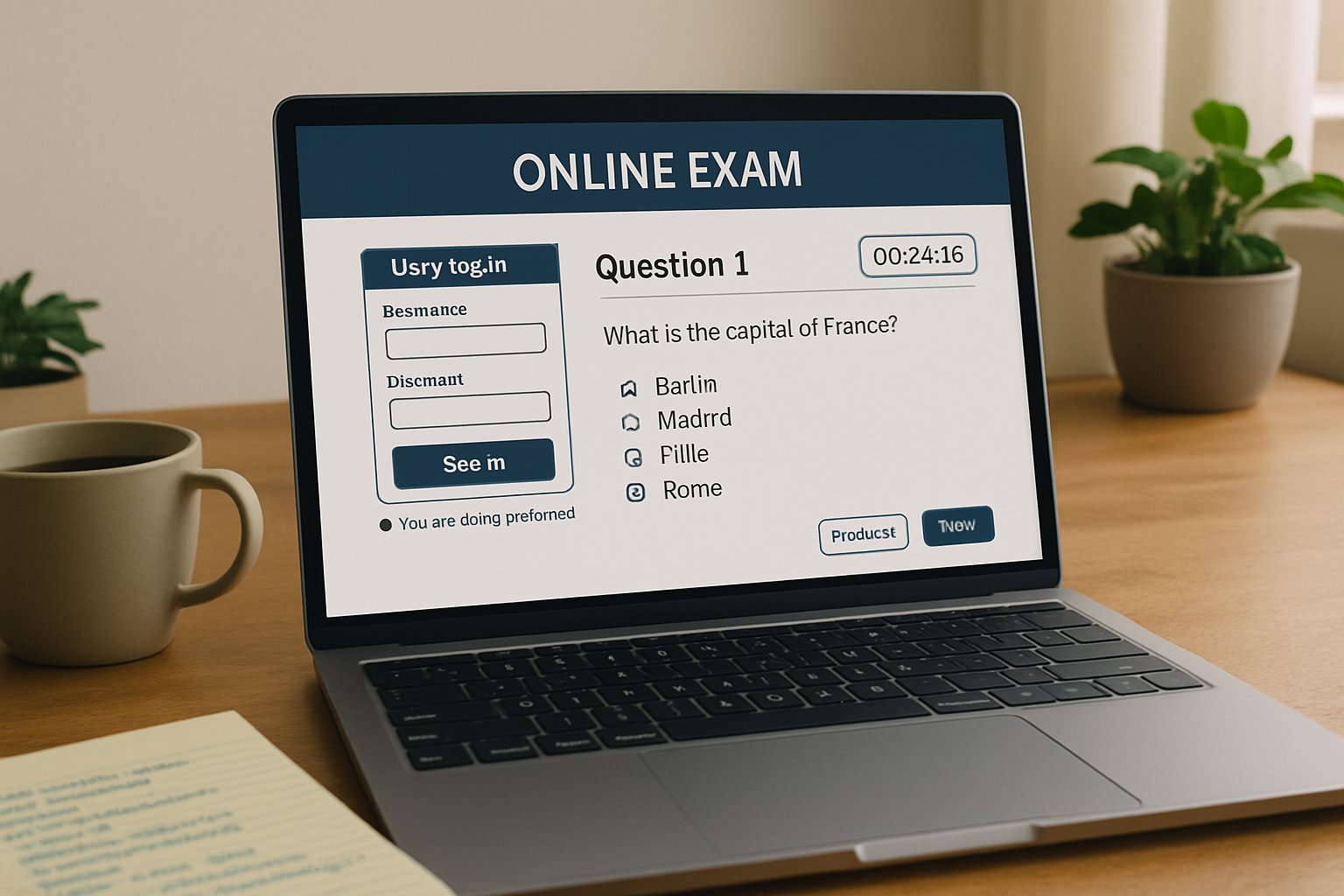 Secure software for online exam displayed on laptop in home office